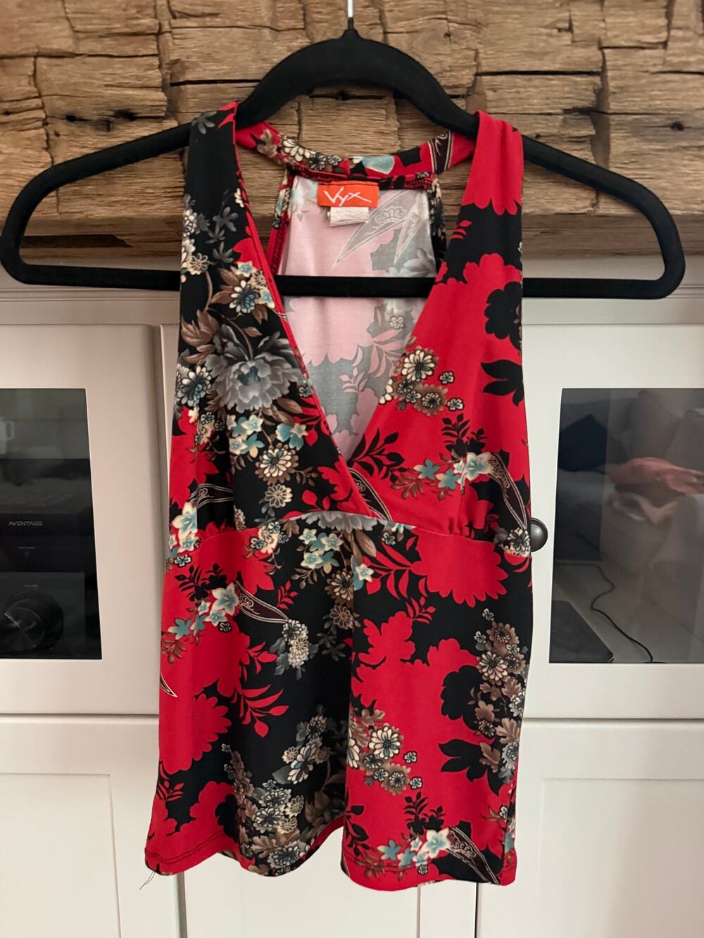 VYX Y2K Floral Surplice Wrap Tank Top Racerback Red Black Size L (Runs Small)